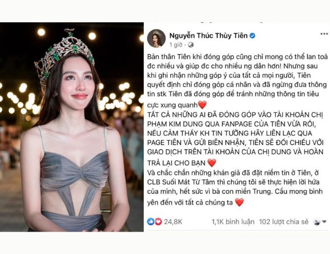 Bài viết phản hồi của Hoa hậu Thùy Tiên trên trang cá nhân.