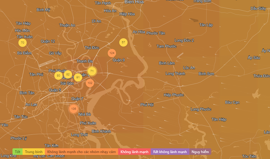 chất lượng không khí nhiều khu vực TP HCM báo động mức xấu