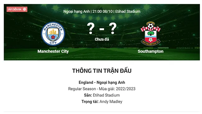 Chi tiết trận đấu: Manchester City - Southampton