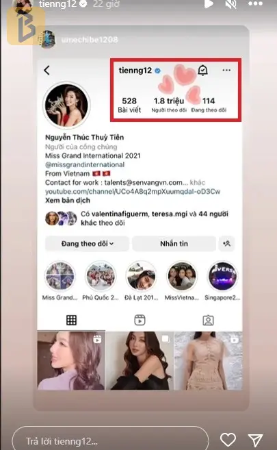 Thùy Tiên vui mừng vì tài khoản Instagram đạt được 1,8 triệu người theo dõi.
